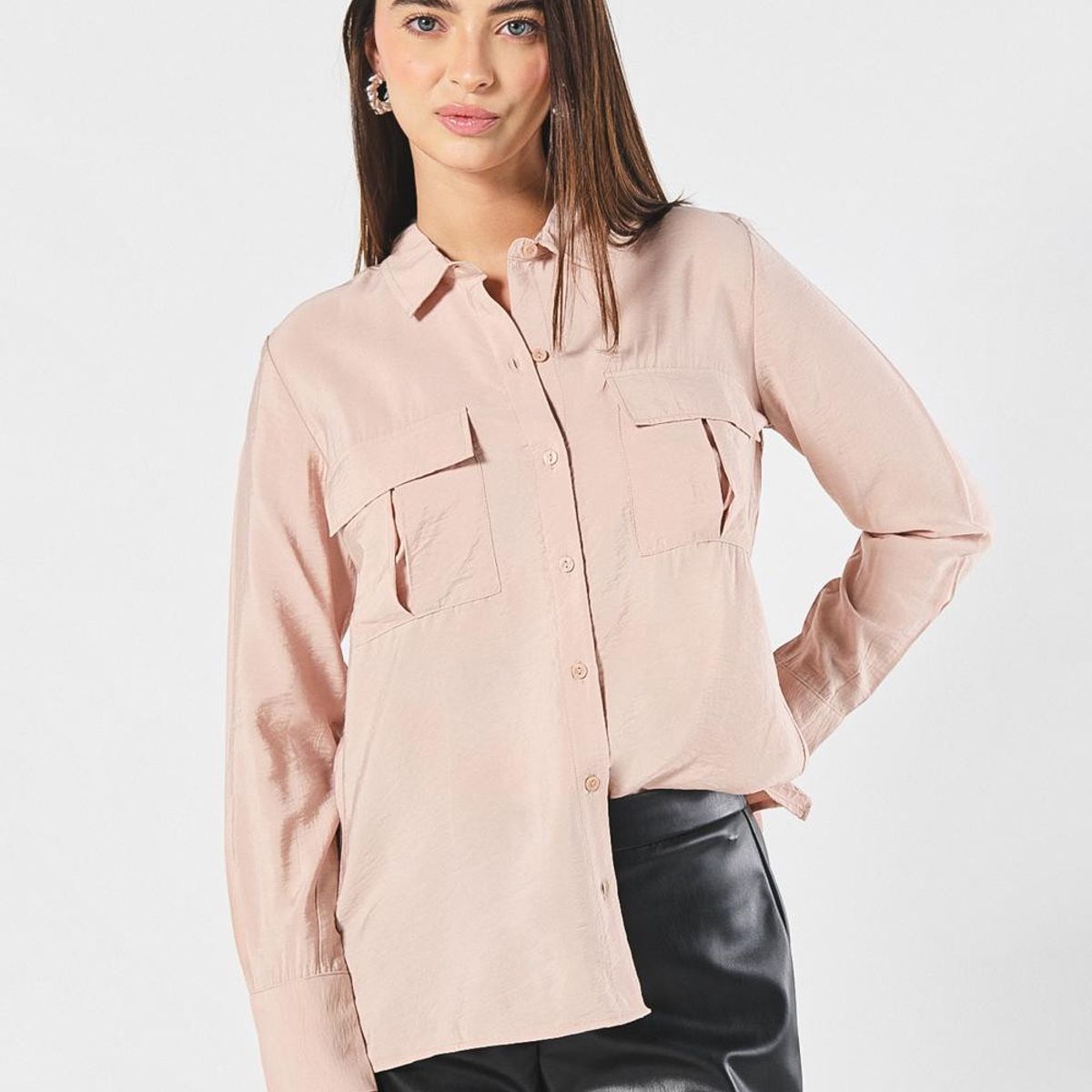KOAJ - KOAJ Blusa unicolor manga larga con doble bolsillo con tapa Mujer
