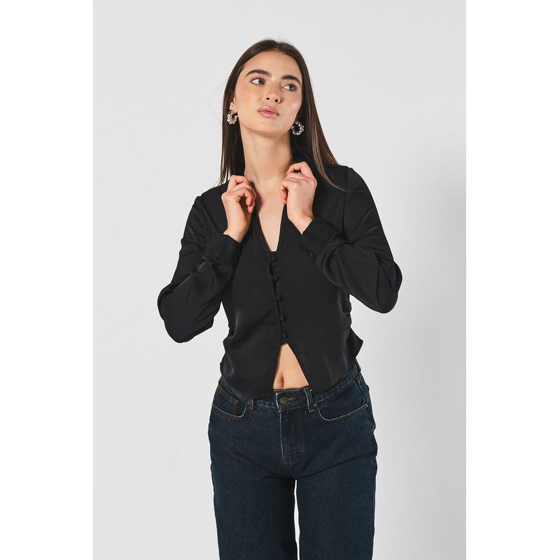 KOAJ - KOAJ Blusa en satín unicolor con manga larga y cuello camisero MUJER
