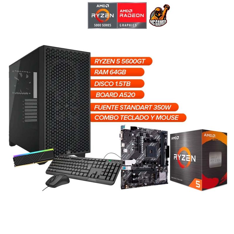 AMD - Torre Gamer Chasis Corsair 3000D Ryzen 5 5600GT 64GB RAM SSD 1.5TB / A520