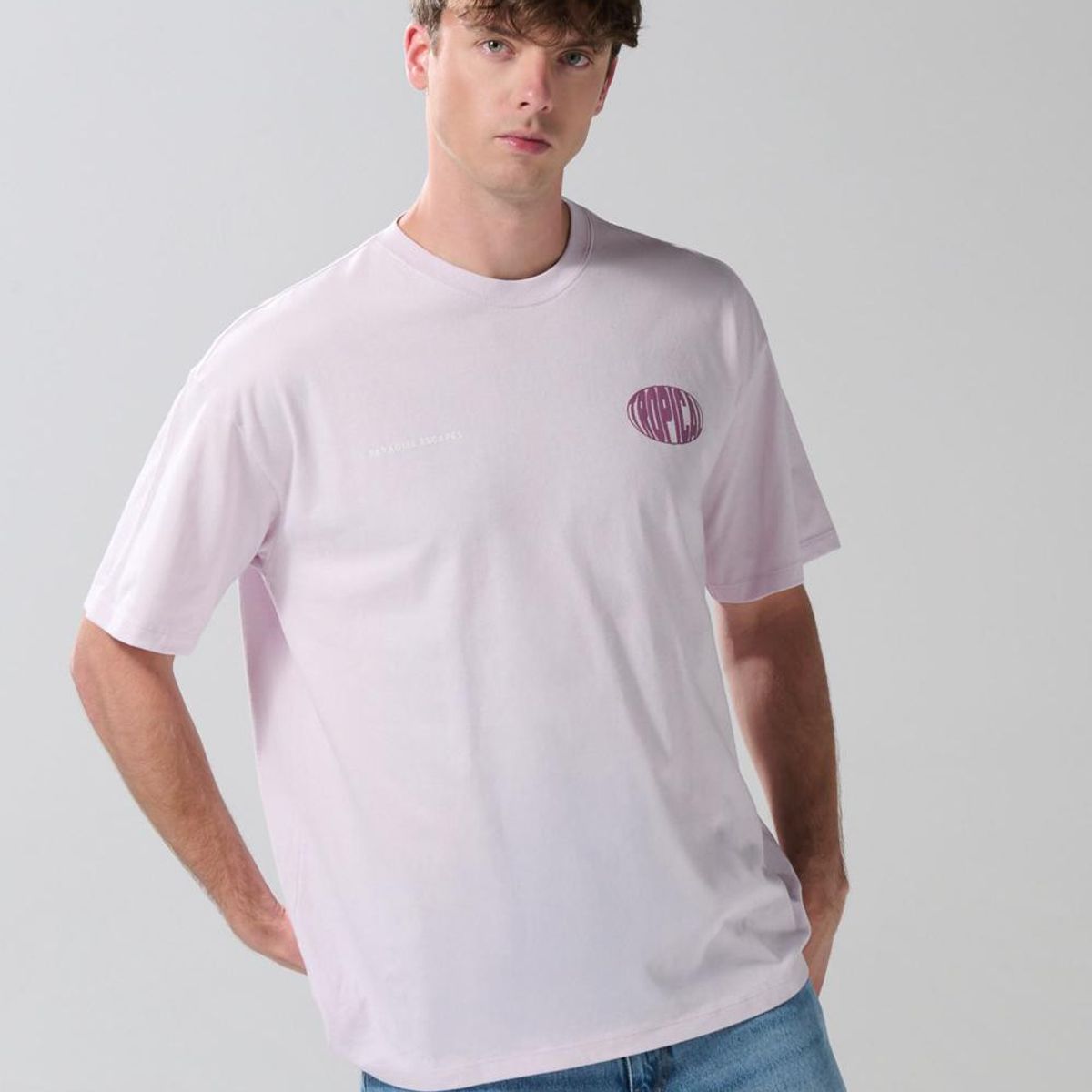 KOAJ - KOAJ Camiseta lila clara oversize manga corta con textos Hombre