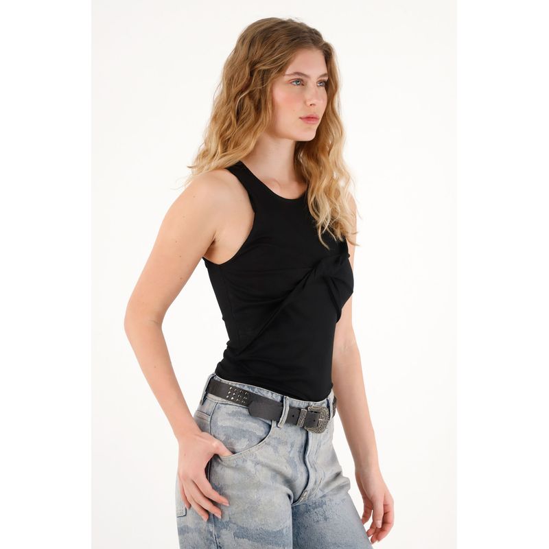TENNIS - Camiseta negra con detalle entorchado para mujer
