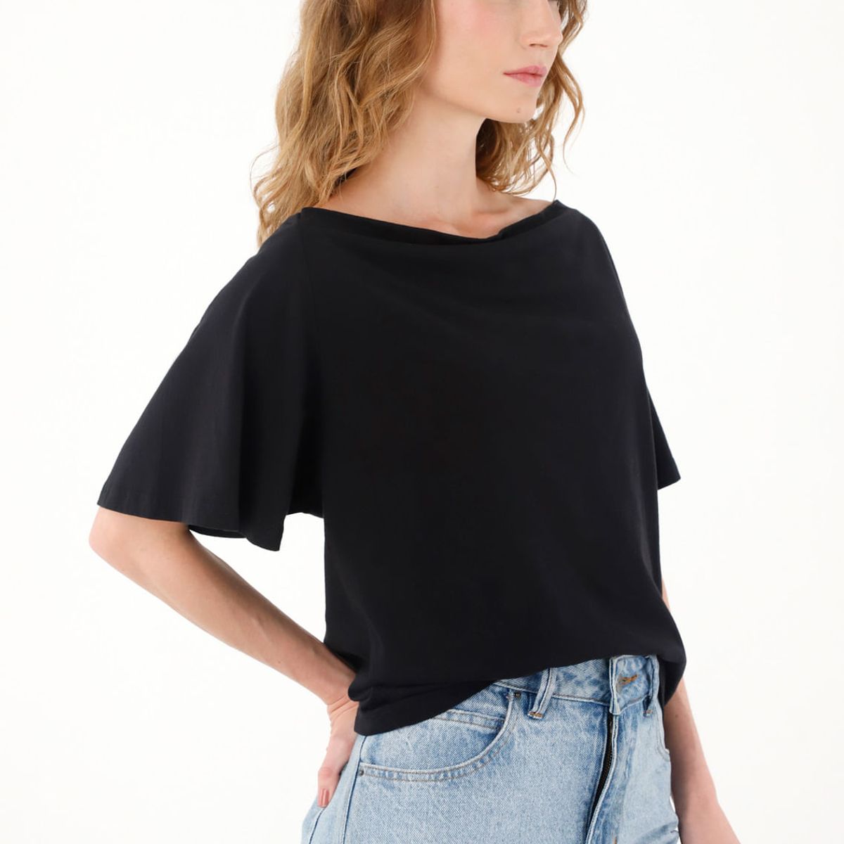 TENNIS - Camiseta negra con escote drapeado para mujer