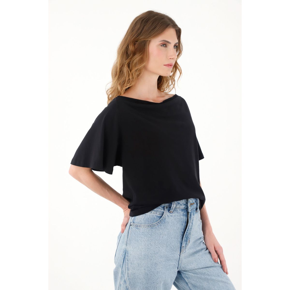 TENNIS - Camiseta negra con escote drapeado para mujer