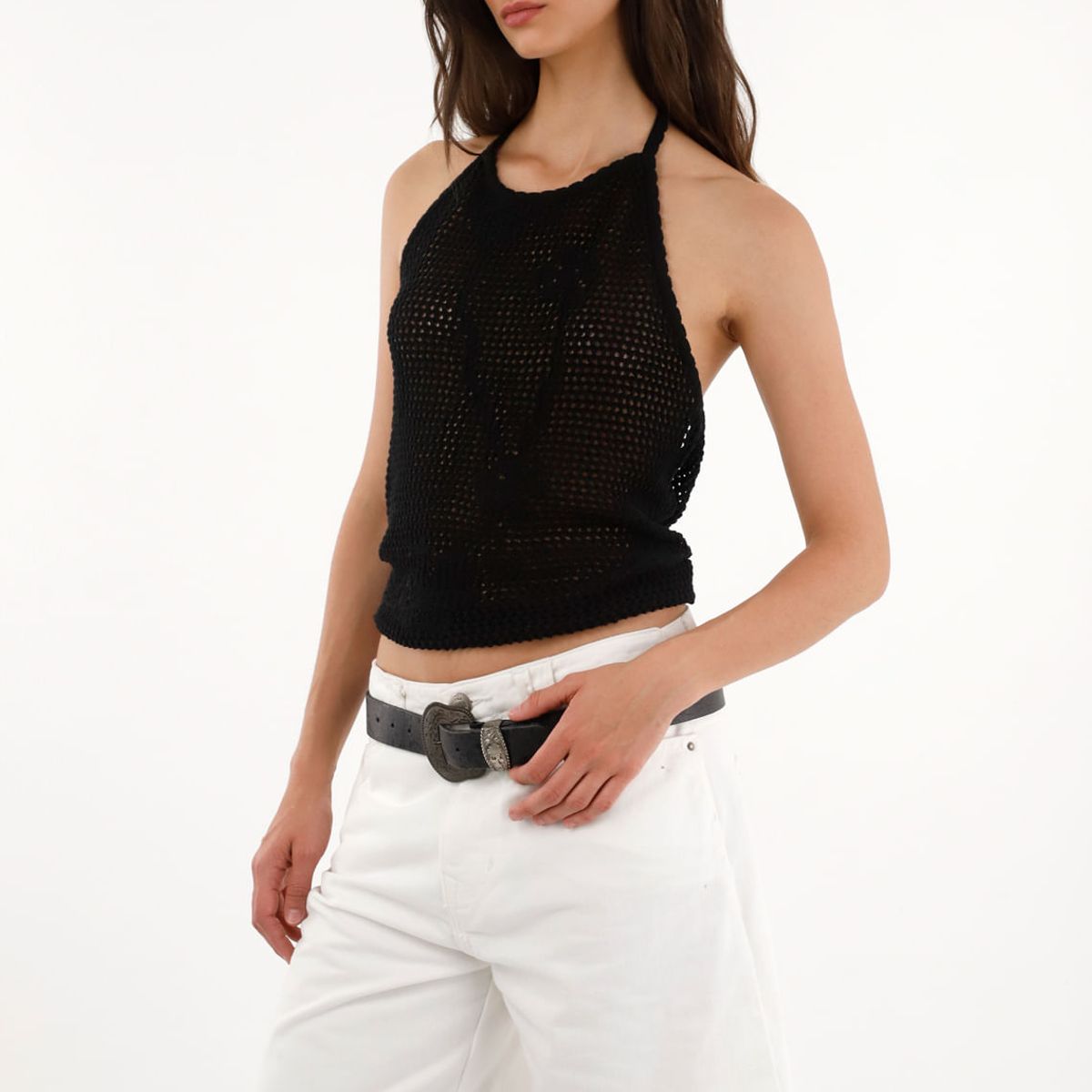 TENNIS - Camiseta de tejido abierto negra para mujer