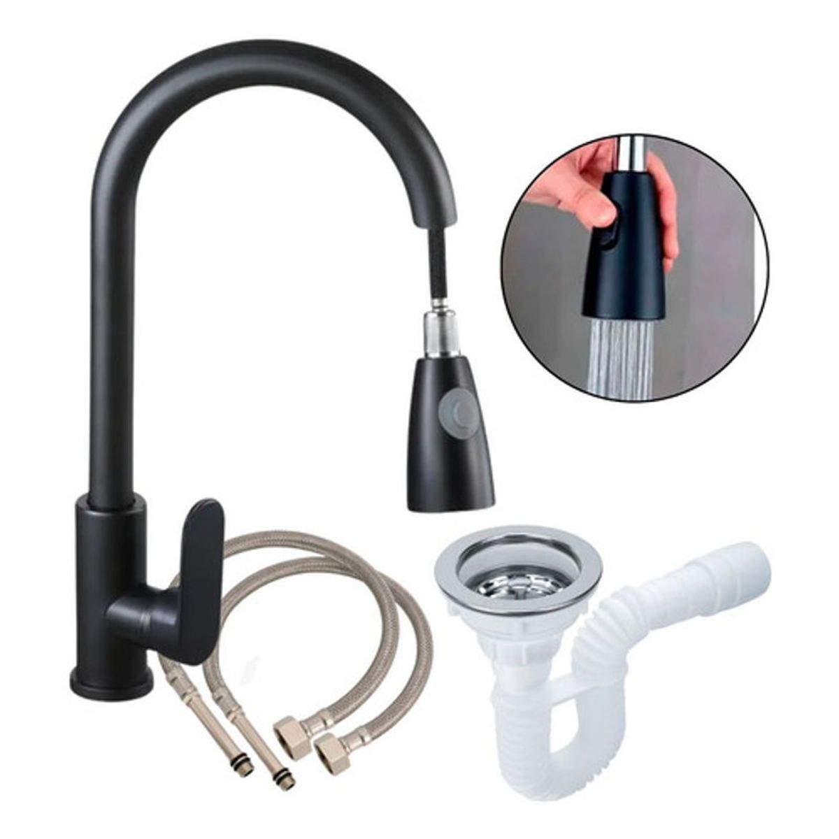 GENERICO - Set Lavaplatos Grifería Extraíble Negra y Canastilla Sif