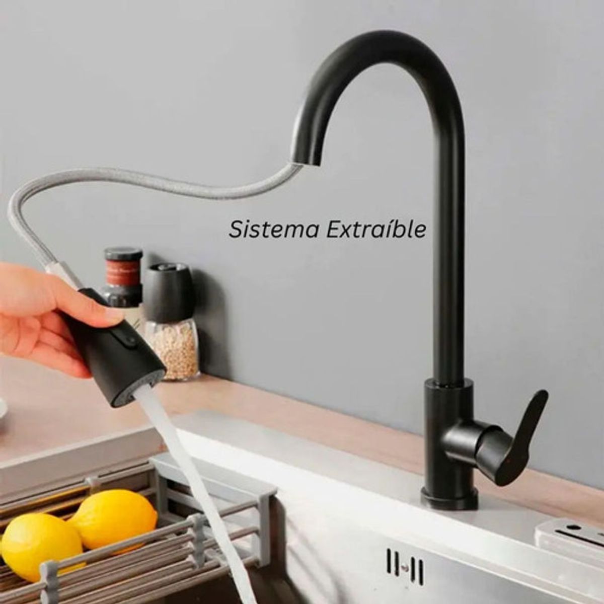 GENERICO - Set Lavaplatos Grifería Extraíble Negra y Canastilla Sif