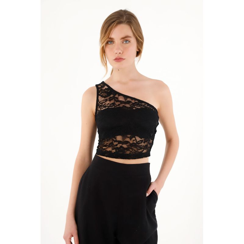 TOPMARK - Crop top negro tejido de un solo hombro para mujer