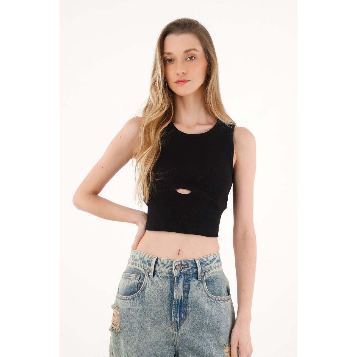 TOPMARK - Camiseta manga sisa negra con mini abertura para mujer