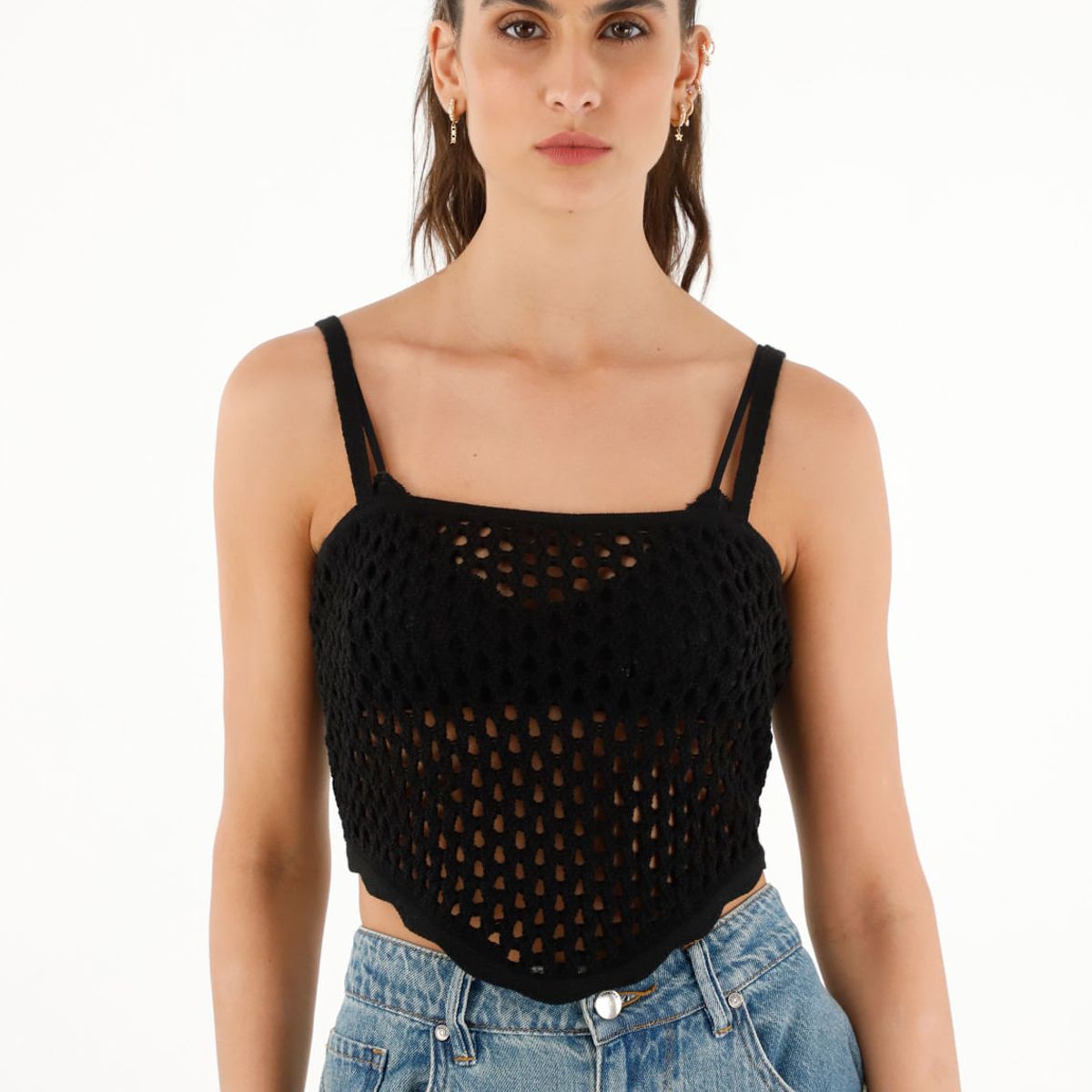 TOPMARK - Camiseta tipo pañoleta tejida negra para mujer