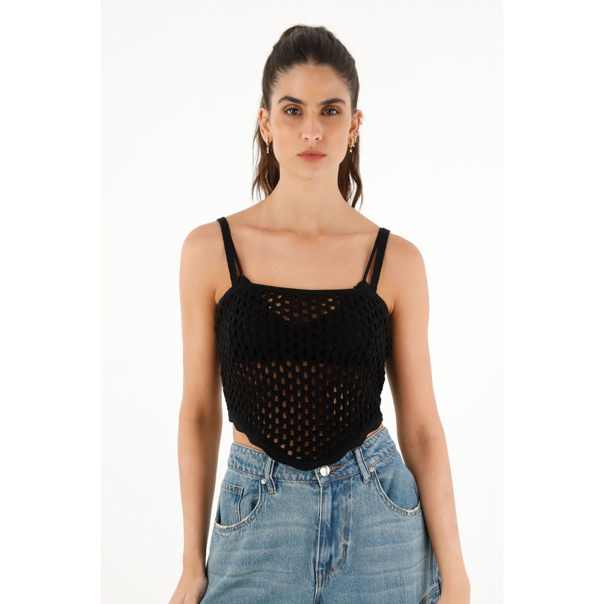 TOPMARK - Camiseta tipo pañoleta tejida negra para mujer