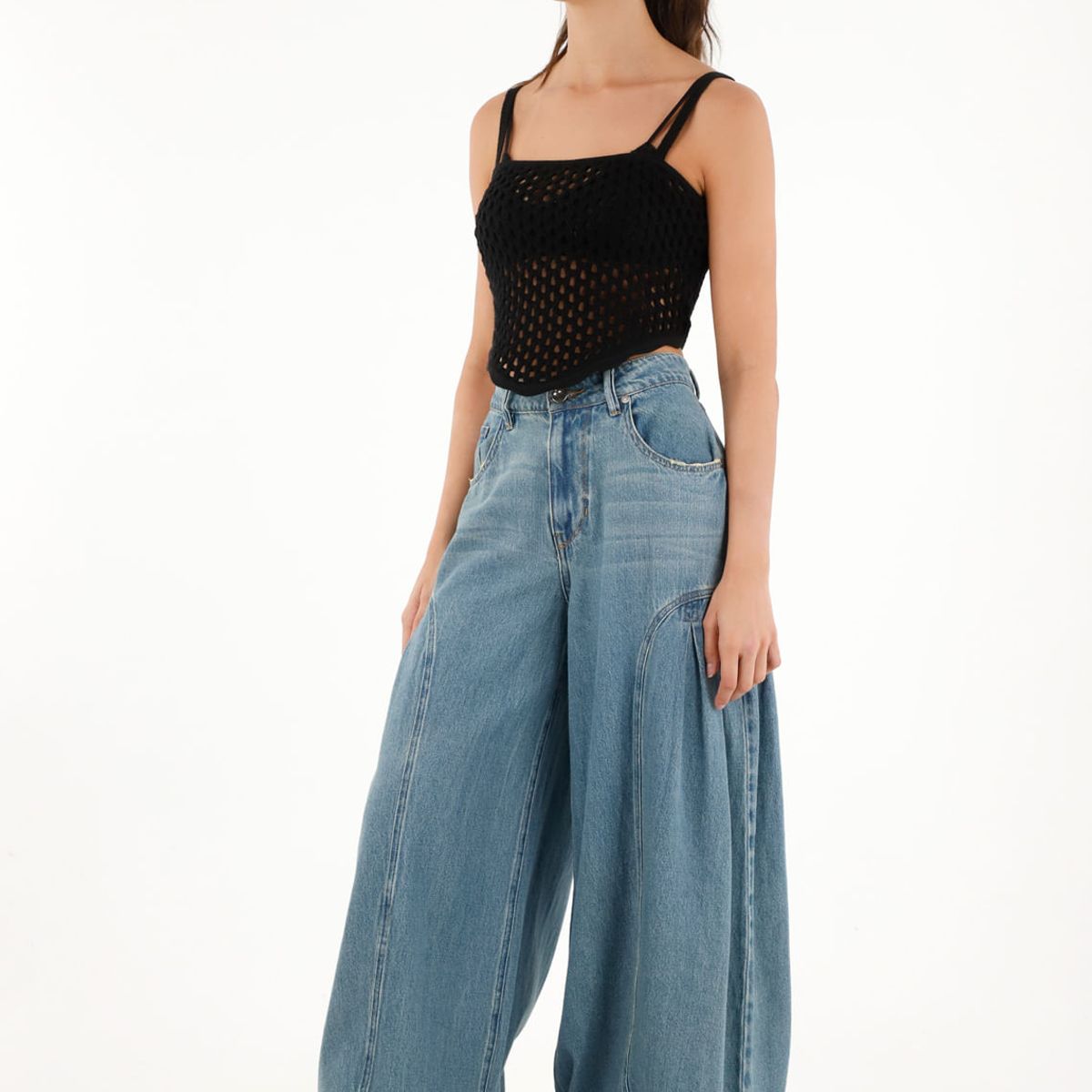 TOPMARK - Camiseta tipo pañoleta tejida negra para mujer