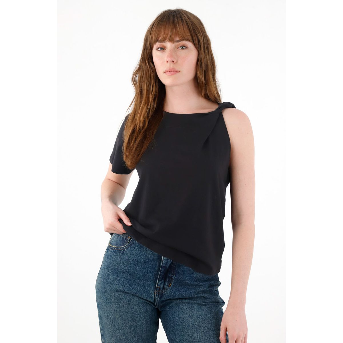 TENNIS - Camiseta con detalle entorchado en hombro negra para mujer