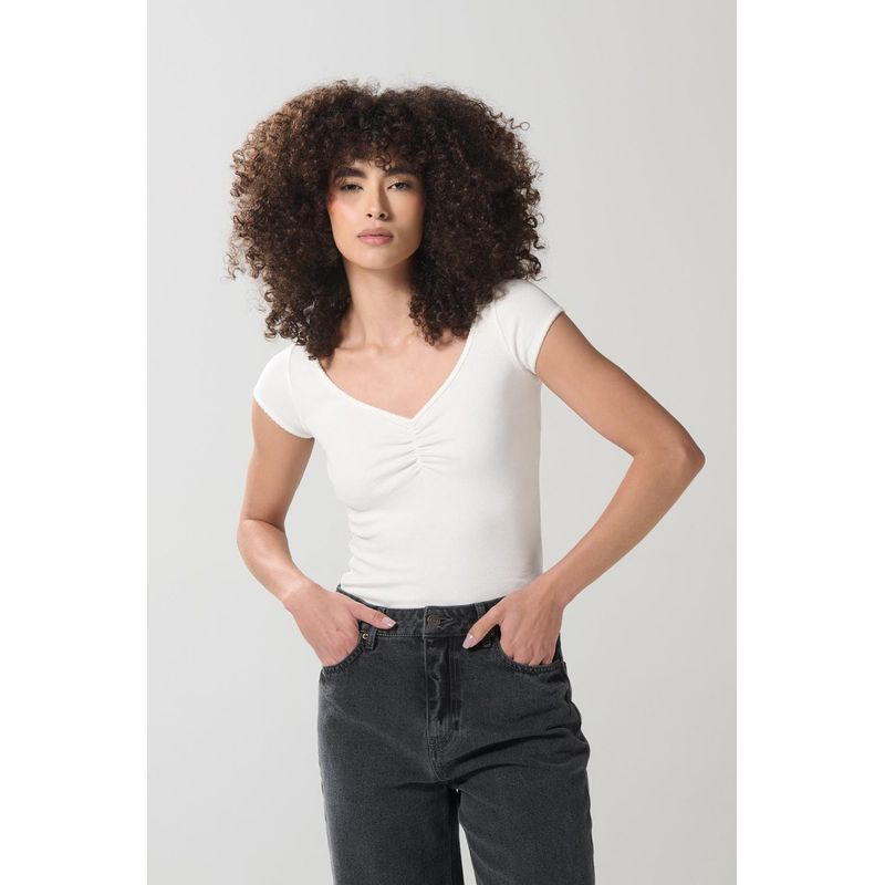 KOAJ - KOAJ Camiseta unicolor con cuello V y recogido en frente MUJER