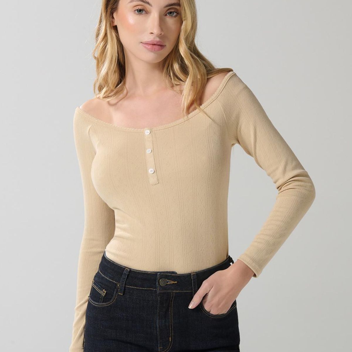 KOAJ - KOAJ Camiseta manga larga cuello bandeja con pechera y boton Mujer