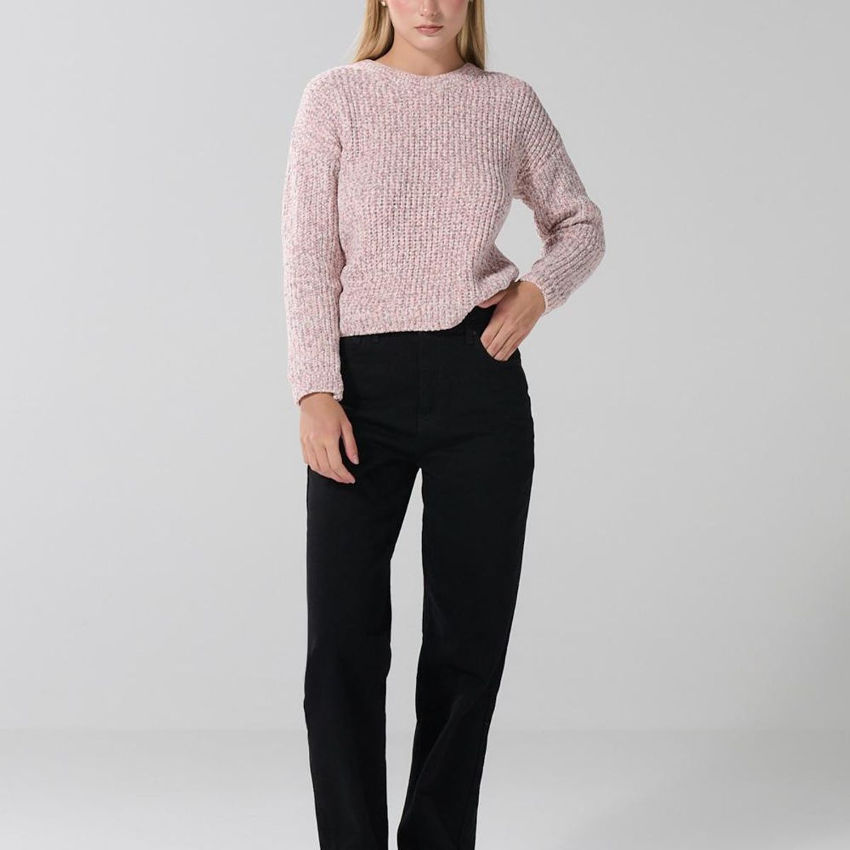 KOAJ - KOAJ Suéter tejido rosado con hombro rodado y cuello redondo Mujer