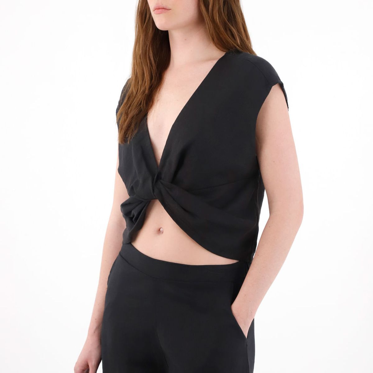 TENNIS - Camisa amplia en lino 100% negra para mujer