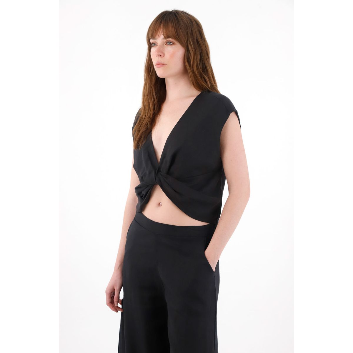 TENNIS - Camisa amplia en lino 100% negra para mujer