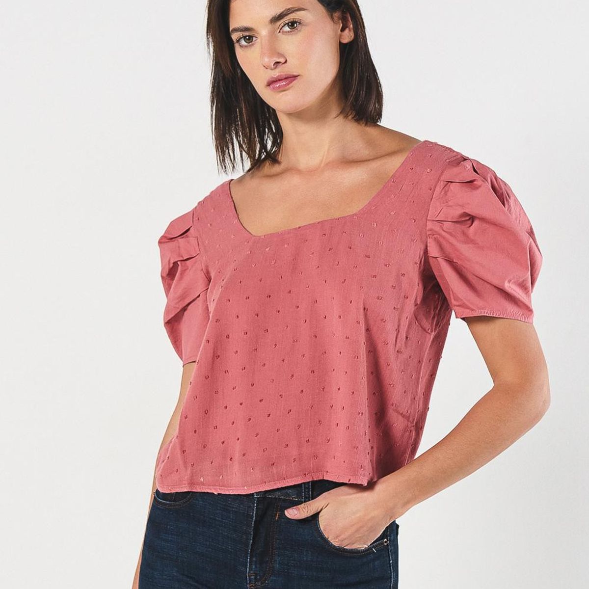 KOAJ - KOAJ BLUSA ESCOTE CUADRADO  MANGA CORTA  AGLOBADA- UNICOLOR Mujer