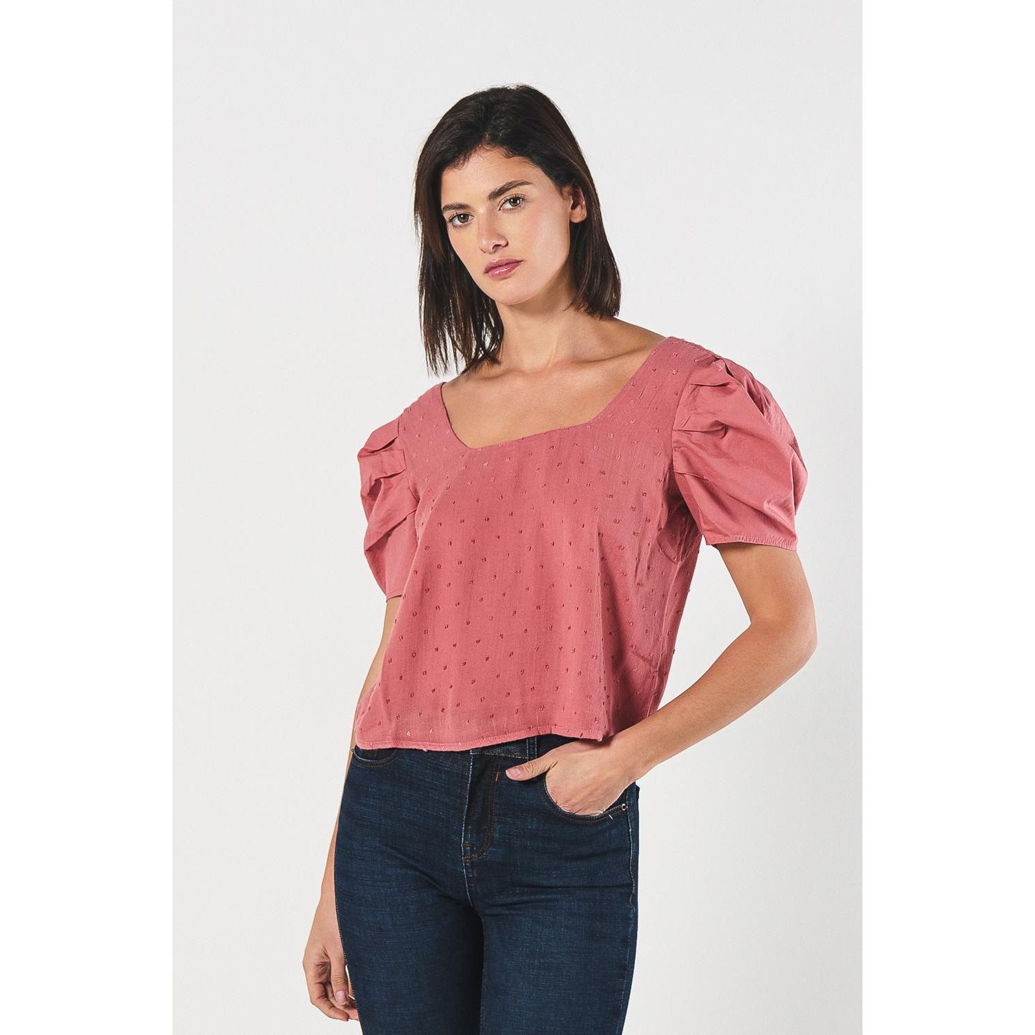 KOAJ BLUSA ESCOTE CUADRADO MANGA CORTA AGLOBADA- UNICOLOR Mujer