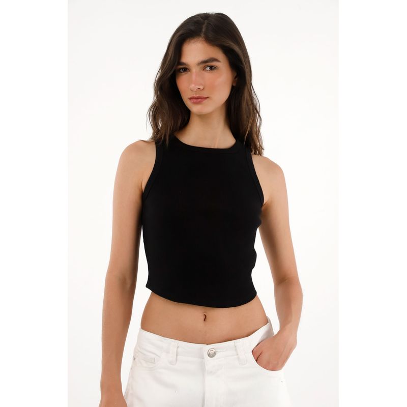 TENNIS - Camiseta en rib con ruedo curvo negra para mujer
