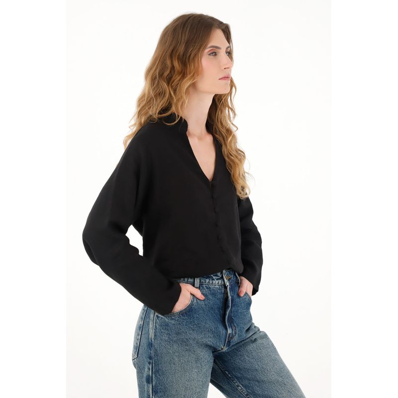 TENNIS - Camisa negra cuello neru en 100% lino para mujer