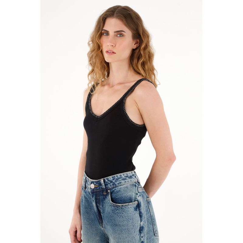 TENNIS - Camiseta negra en rib manga sisa para mujer