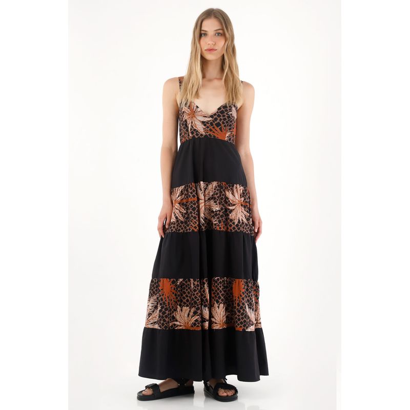 TENNIS - Vestido largo de franjas estampadas negro para mujer