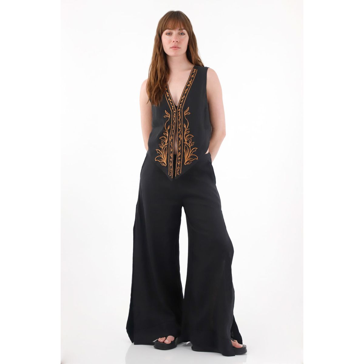TENNIS - Pantalón Wide Leg en 100% lino negro para mujer