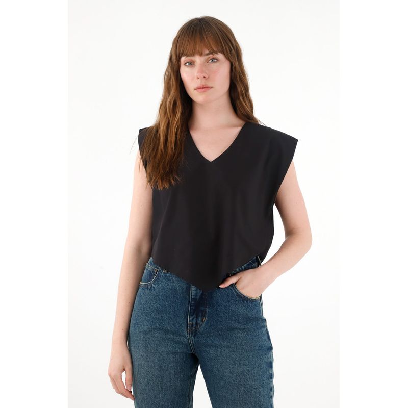 TENNIS - Camisa manga sisa escote en V negra para mujer