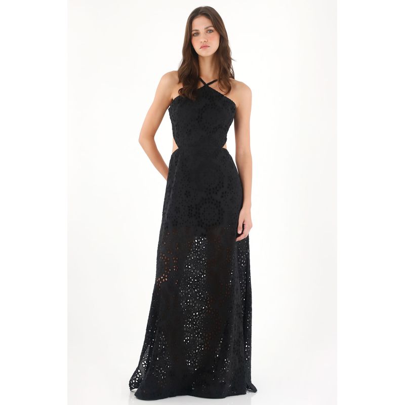 TENNIS - Vestido largo de cuello halter en tela ojalillo negro para mujer