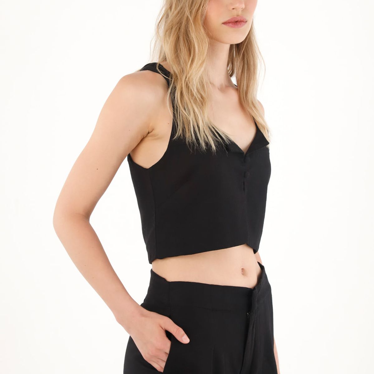 TENNIS - Camisa crop en 100% lino negra para mujer