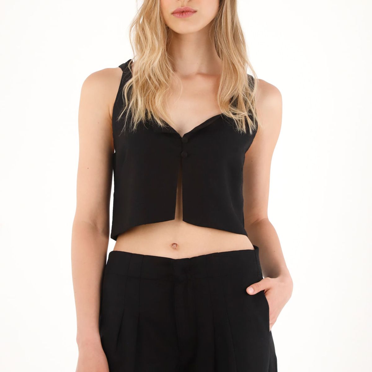 TENNIS - Camisa crop en 100% lino negra para mujer