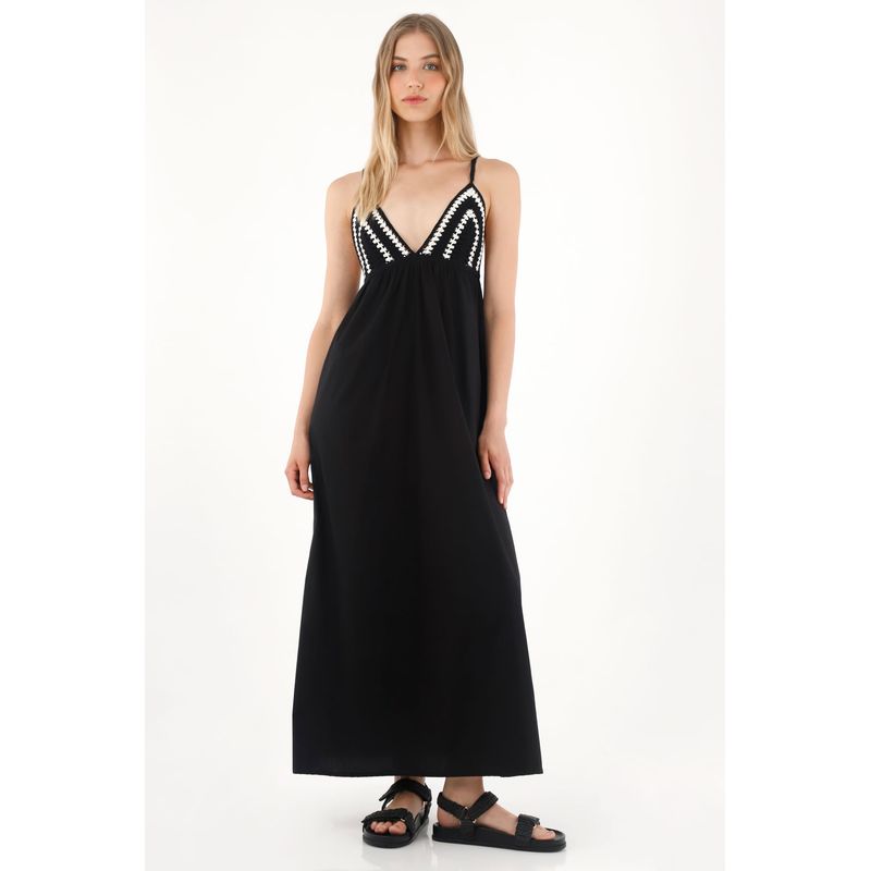 TENNIS - Vestido largo con diseño de copas en crochet negro para mujer