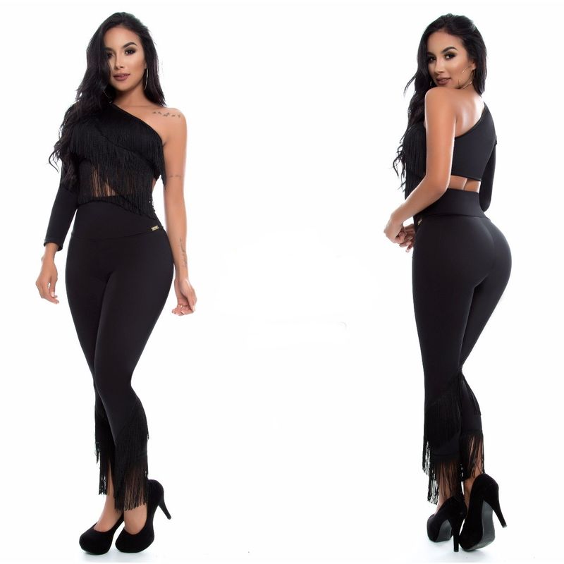 VIA7 - Conjunto de leggins y blusa corta una manga flecos