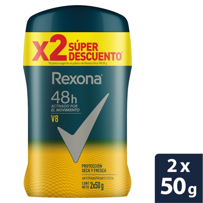 REXONA - Desodorante Antitranspirante Barra Hombre Rexona V8 50G (2 Unidades)