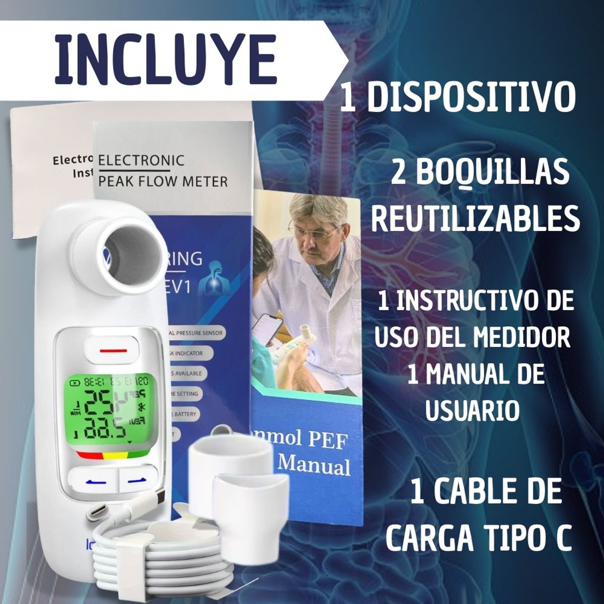 GENERICO - Espirómetro Digital con Medidor PEF y FEV1 Garantía de Calidad