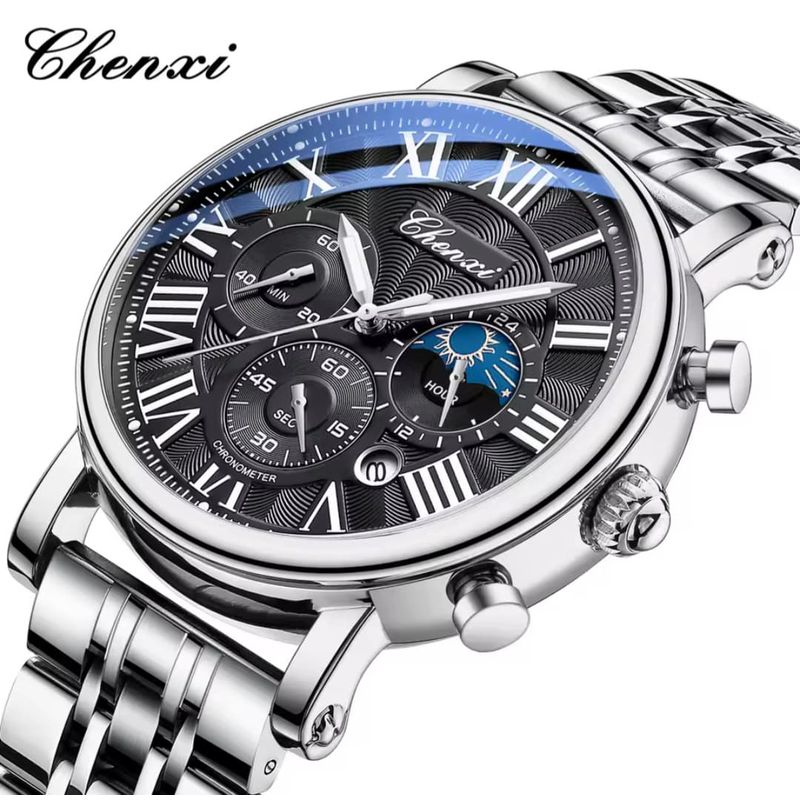 CHENXI - RELOJ CHENXI ORIGINAL ACERO CRONOGRAFO CX973 PLATEADO NEGRO