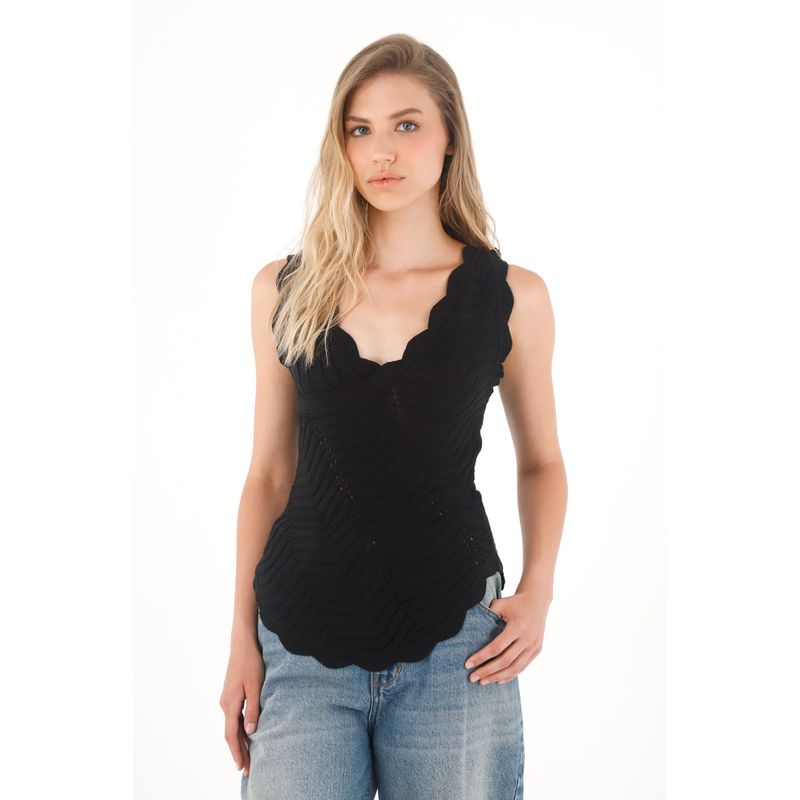 TENNIS - Camisa negra tejida diseño cruzado para mujer