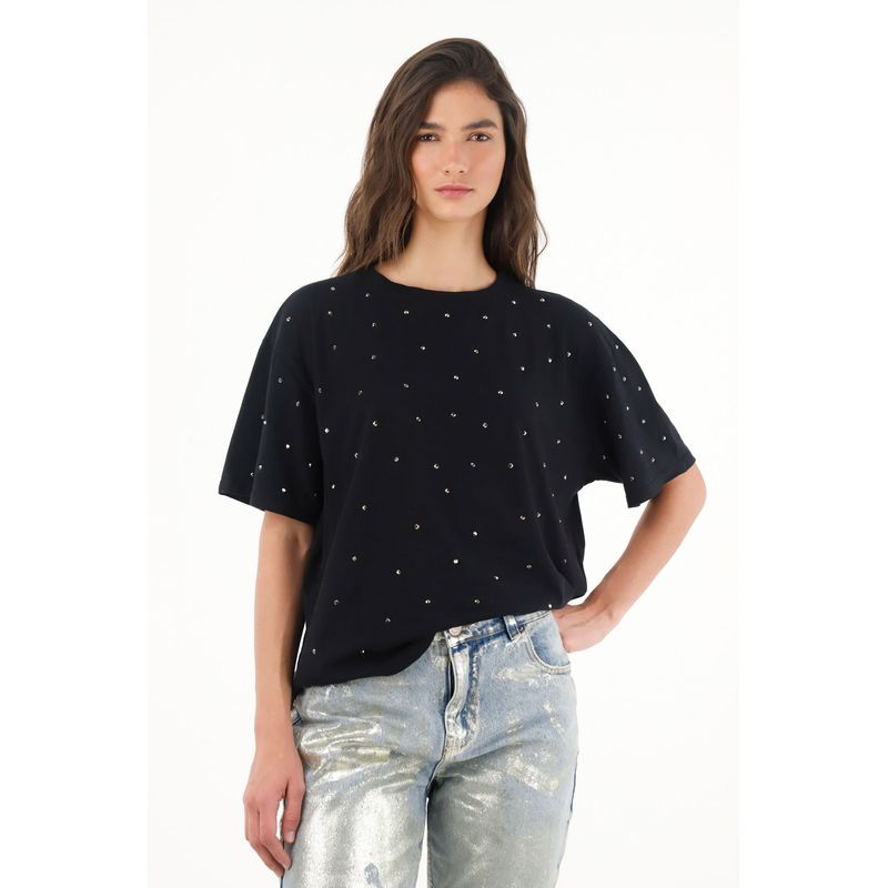 TENNIS - Camiseta negra con apliques decorativos para mujer