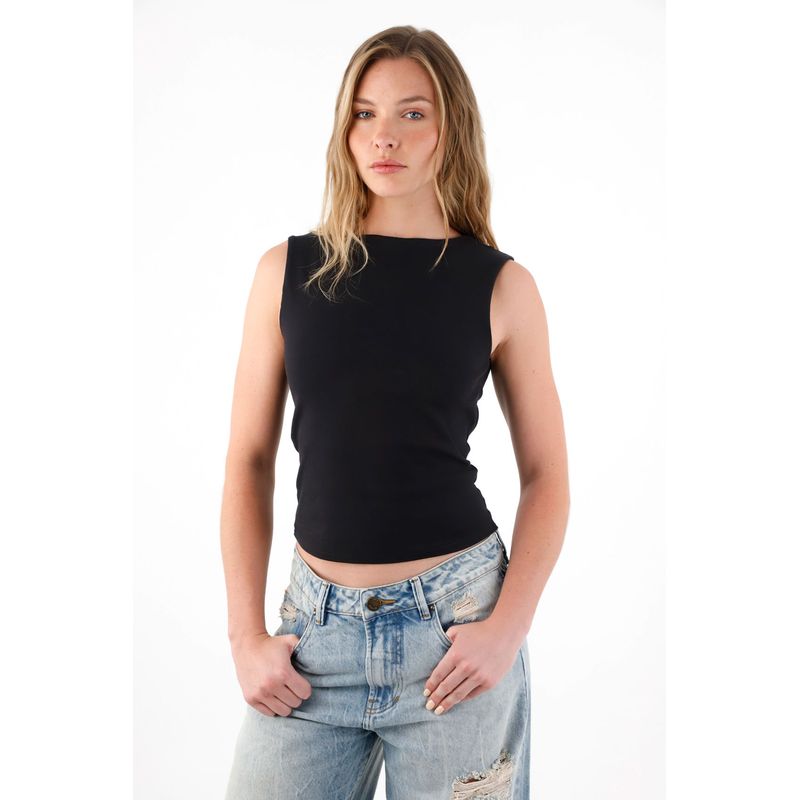 TENNIS - Camiseta en rib manga sisa negra para mujer