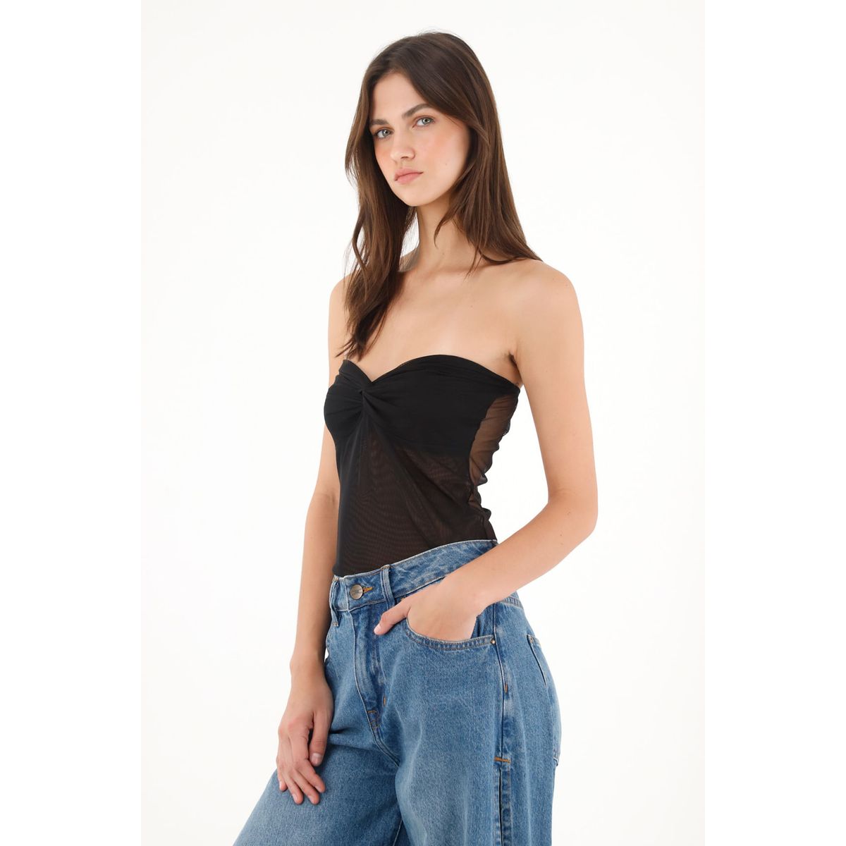 TENNIS - Camiseta strapless en malla negra para mujer