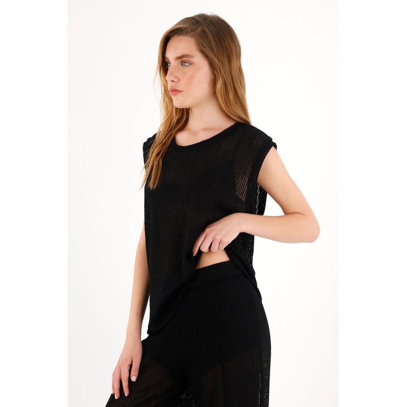 TOPMARK - Camiseta negra manga sisa para mujer