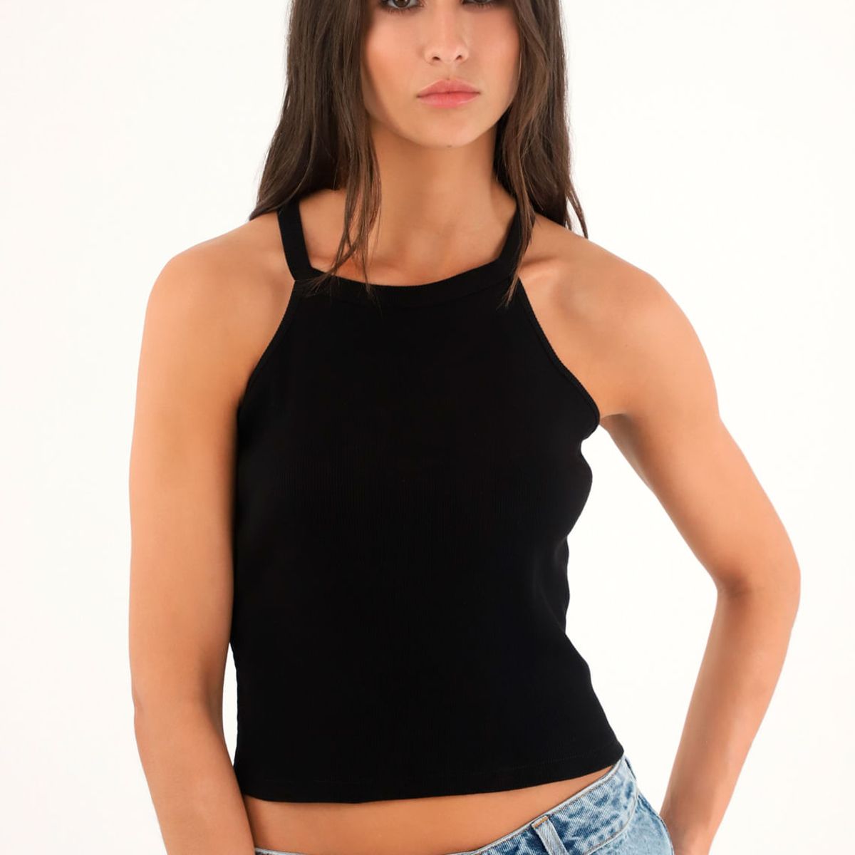 TOPMARK - Camiseta negra cuello halter para mujer