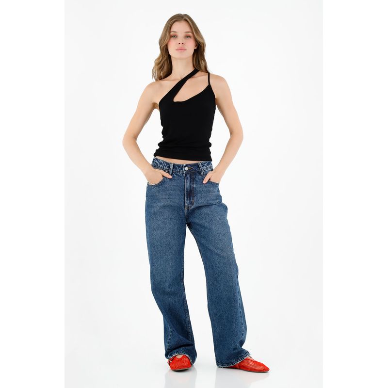 TOPMARK - Camiseta negra de un solo hombro para mujer