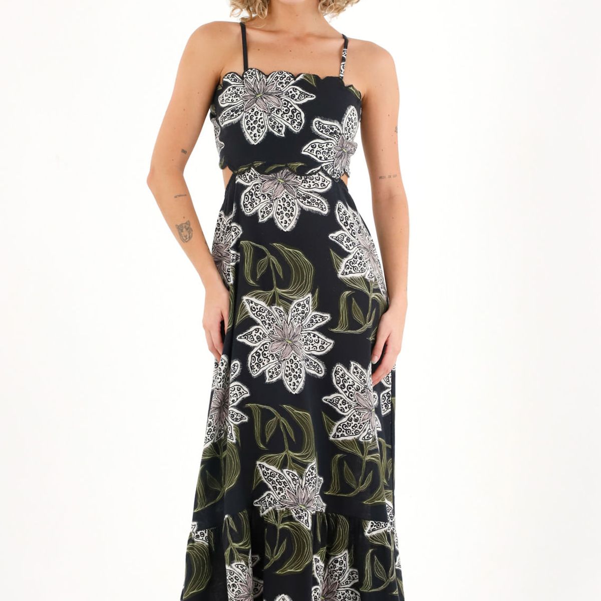 TOPMARK - Vestido largo con estampado y cut out en cintura negro para mujer