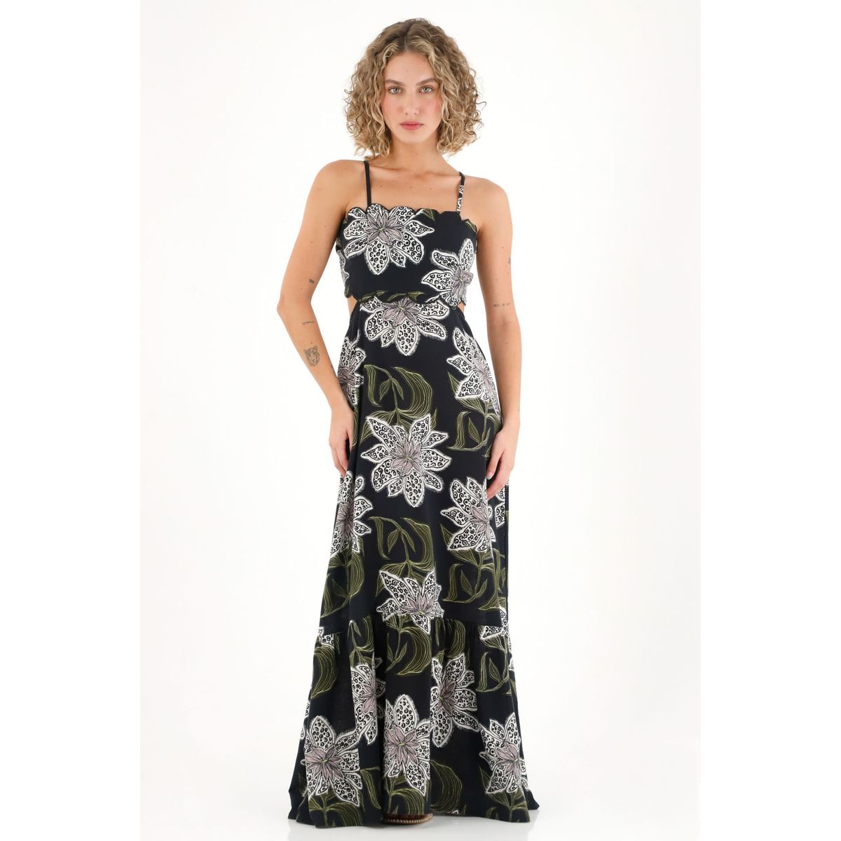 TOPMARK - Vestido largo con estampado y cut out en cintura negro para mujer