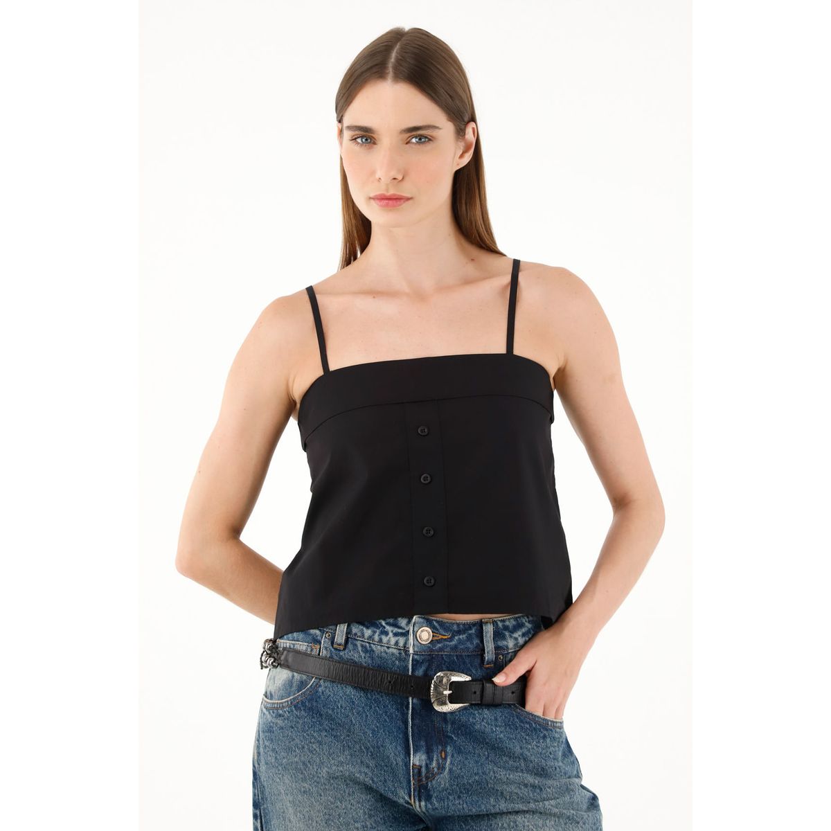 TENNIS - Camisa negra de escote recto para mujer