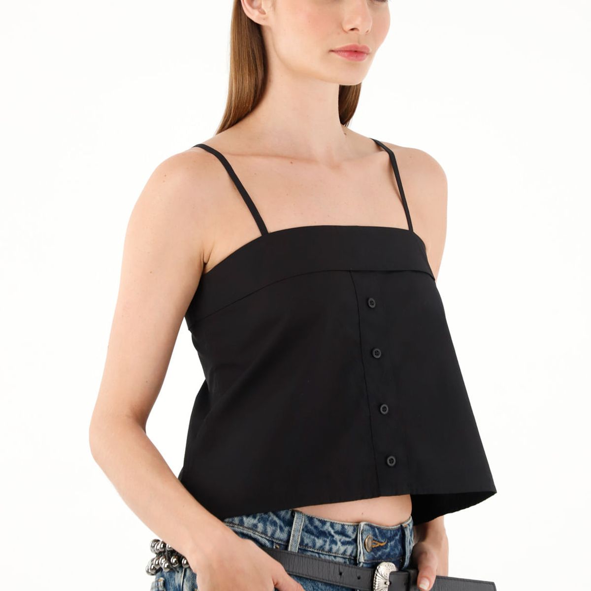 TENNIS - Camisa negra de escote recto para mujer