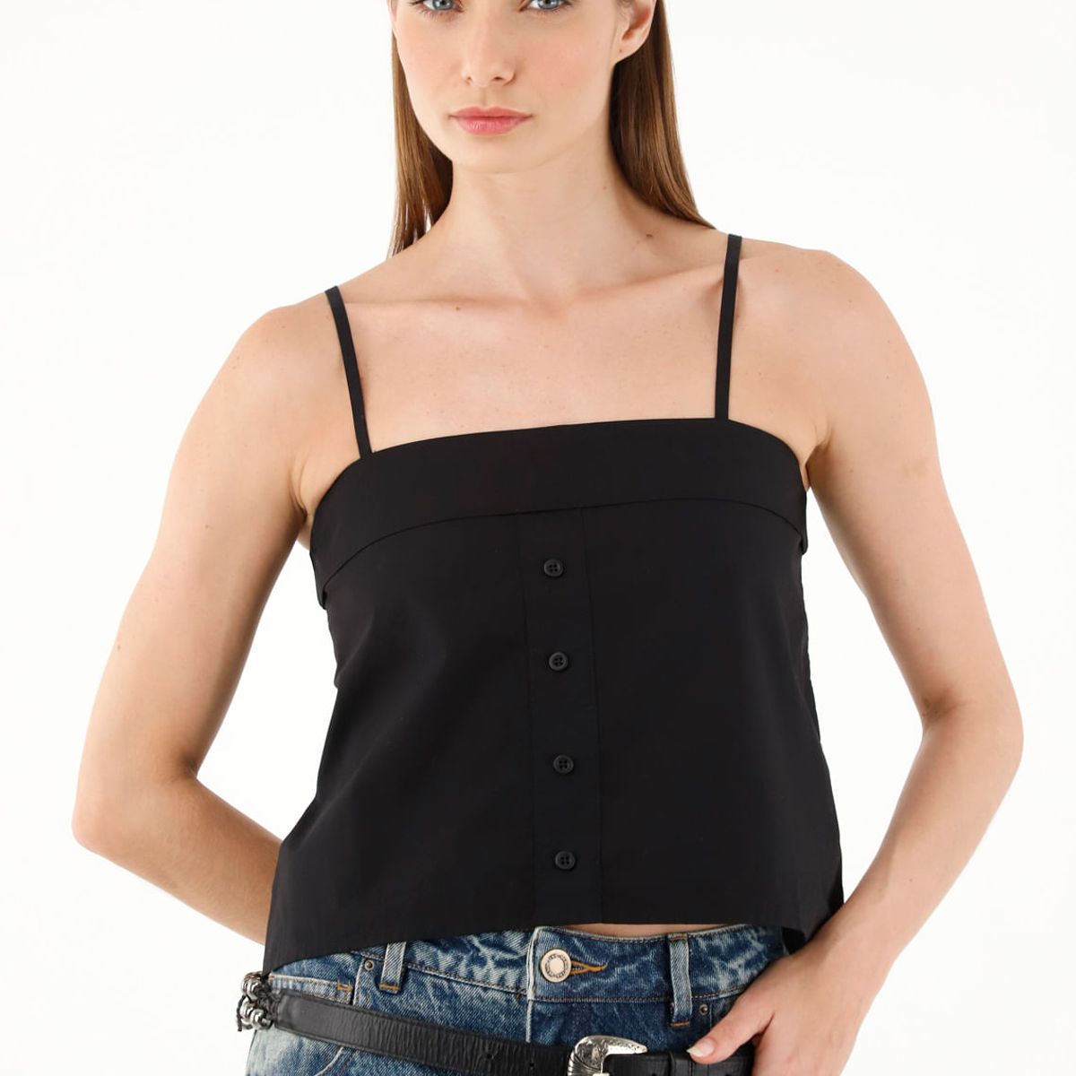 TENNIS - Camisa negra de escote recto para mujer