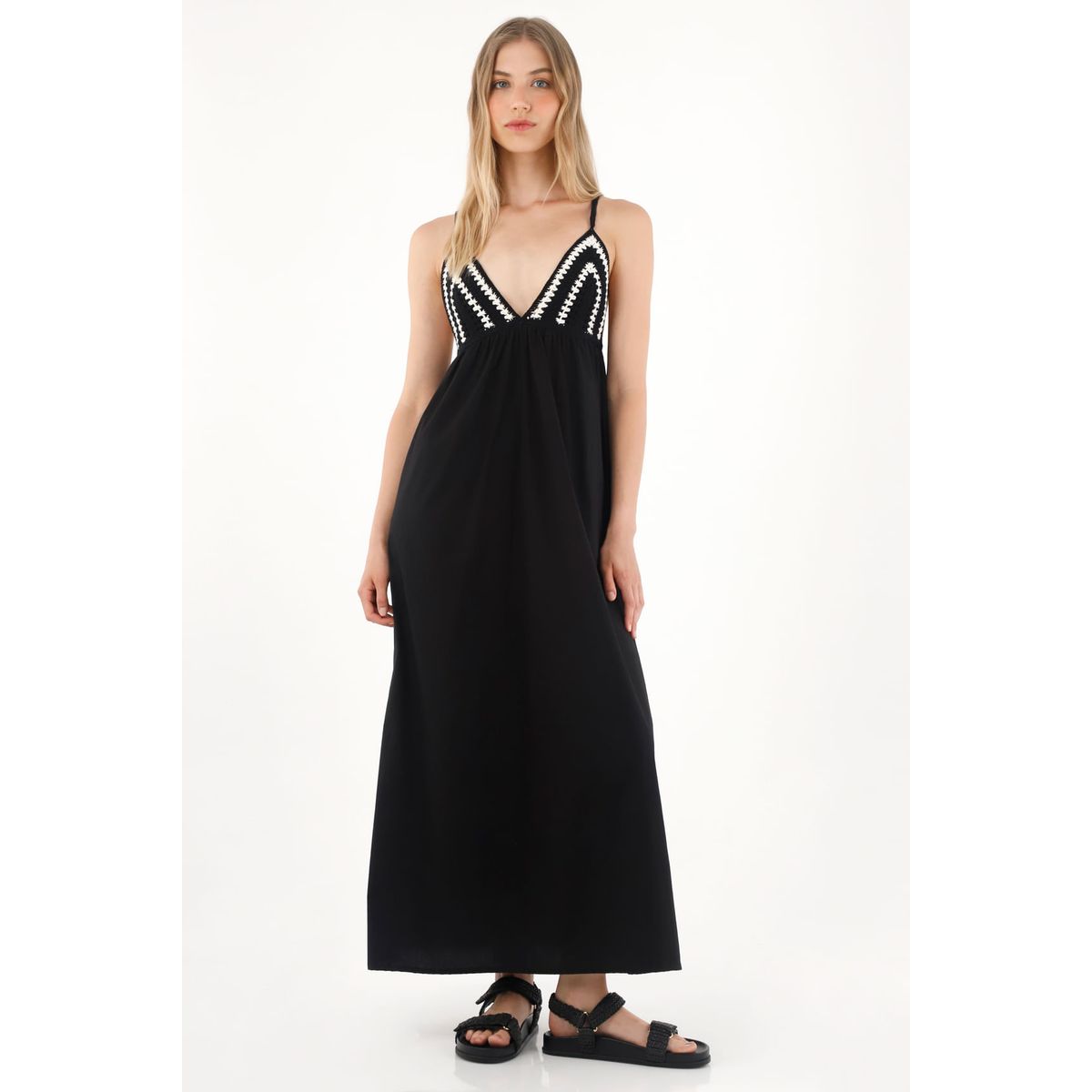TENNIS - Vestido largo con diseño de copas en crochet negro para mujer